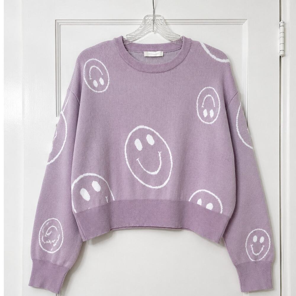 Altar’d State Smiley Face Sweater – XS – Lavender Cropped Knit Pullover